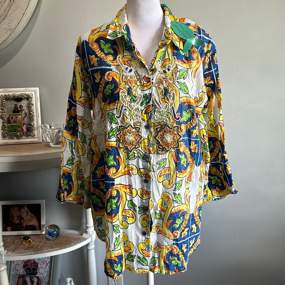 [Antica Santoria] Colorful Pattern Beaded Blouse - Size Medium NWT